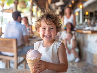 little girl sitting at a table with an ice cream cone in her hand. She is wearing a white dress and has a big smile on her face.