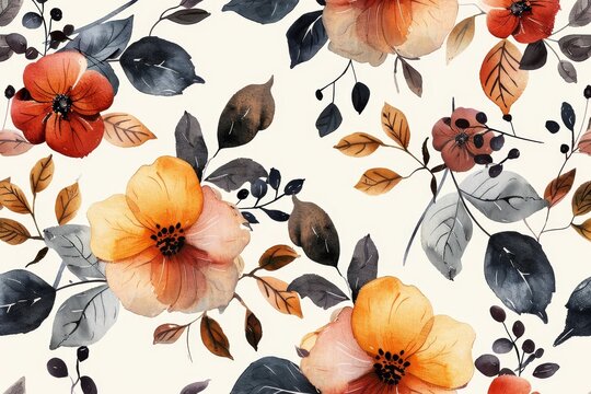 Watercolor autumn floral seamless pattern in fall colors for elegant stock illustration