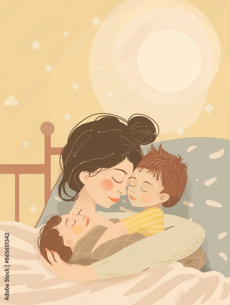 Poster a mother tenderly cradles her sleeping child in a crib, creating a peaceful and serene bedtime scene