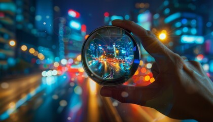 Cityscape vision through camera lens, business planning concept in dynamic night motion