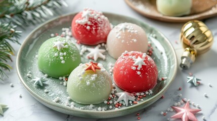 Obraz premium Festive Christmas Mochi with red and green festive icing and sprinkles of stars