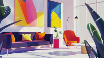 Bright and artistic office lounge with colorful abstract wall art and modern furniture. Perfect for inspiring creativity and collaboration