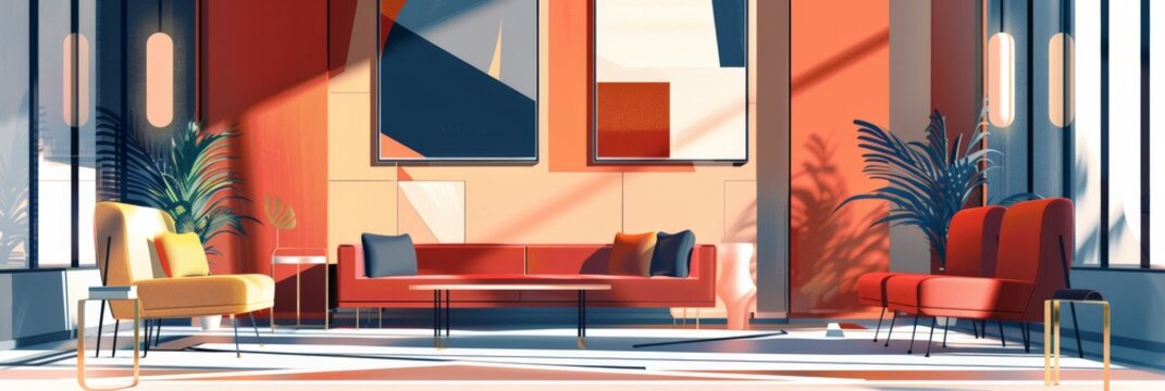 Vibrant lounge area with colorful furniture and abstract wall art in a modern office setting. Ideal for creative and dynamic workspaces
