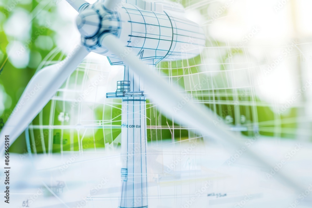 Poster wind turbine blueprint highlighting the intersection of green technology and renewable energy soluti