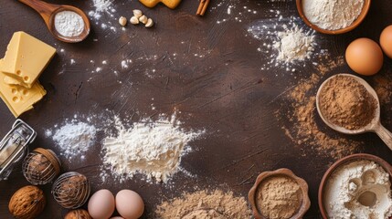 Baking Ingredients Flat Lay for Recipe Creation with Copy Space