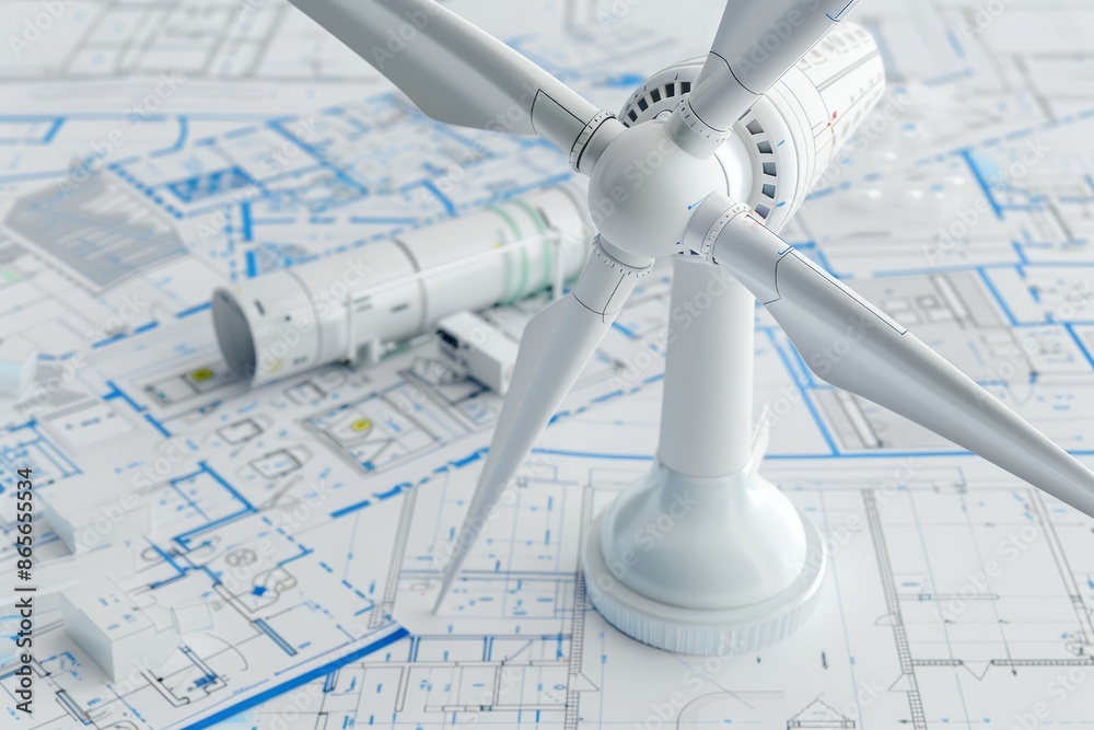 Poster wind turbine blueprint design highlighting engineering innovation and renewable energy technology fo
