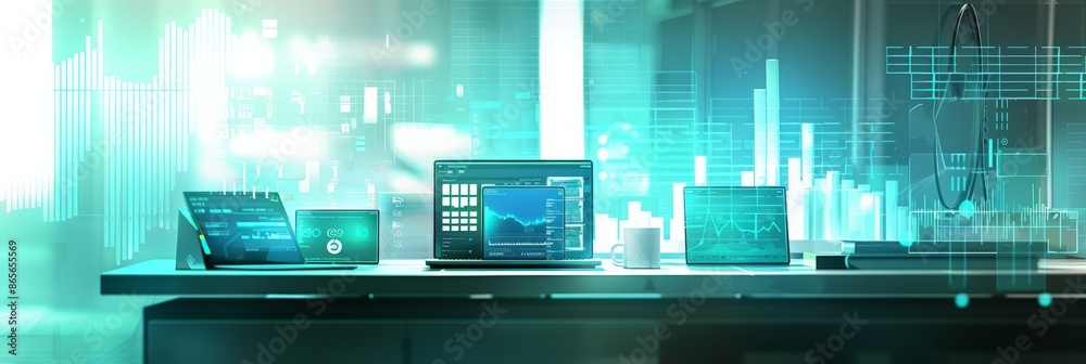 Fototapete Futuristic business desk setup with multiple screens displaying financial data and graphs. High-tech workspace with advanced analytics and digital marketing tools