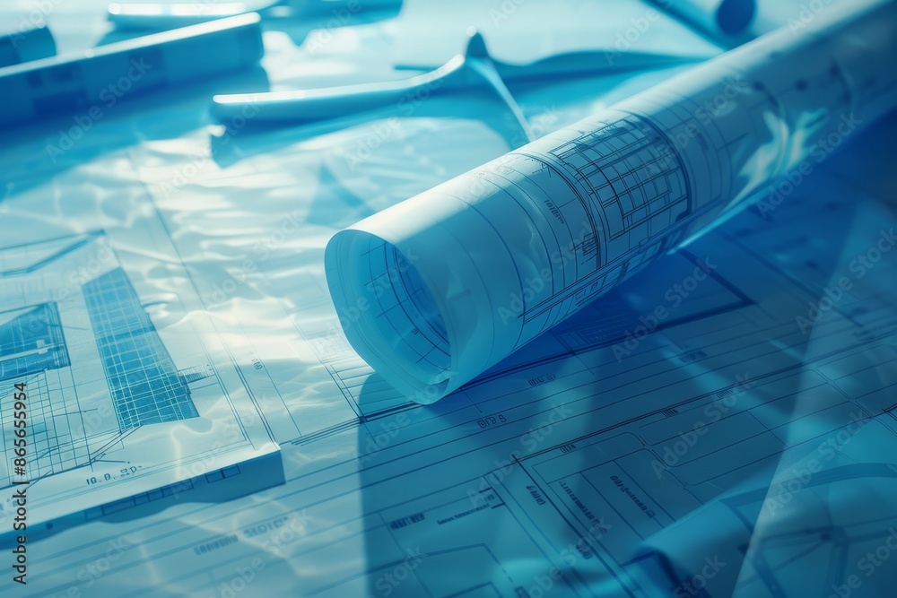 Aufkleber Detailed blueprints and architectural plans, showcasing engineering and design innovation in construction projects with folded technical documents