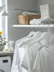 Clean Laundry Hanging on Hangers in Organized Laundry Room Interior