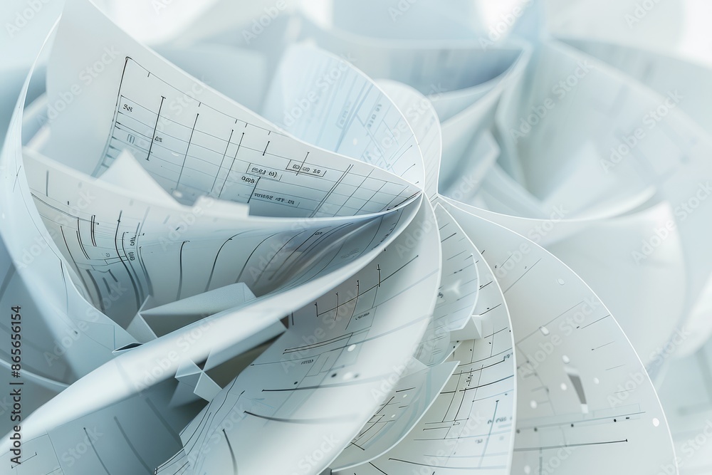 Poster Detailed blueprints and architectural plans, showcasing engineering and design innovation in construction projects with folded technical documents