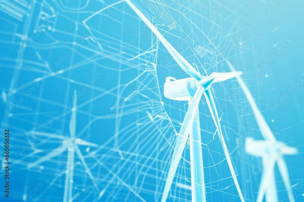 Poster blueprint design of wind turbines showcasing renewable energy technology and engineering innovation 