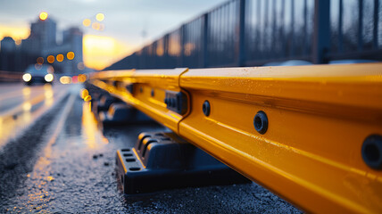 Yellow barrier on a wet road during sunset in an urban area.