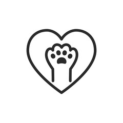 Love for animals, linear style icon. Heart shape and animal paw. Love and care for pets. Editable stroke width