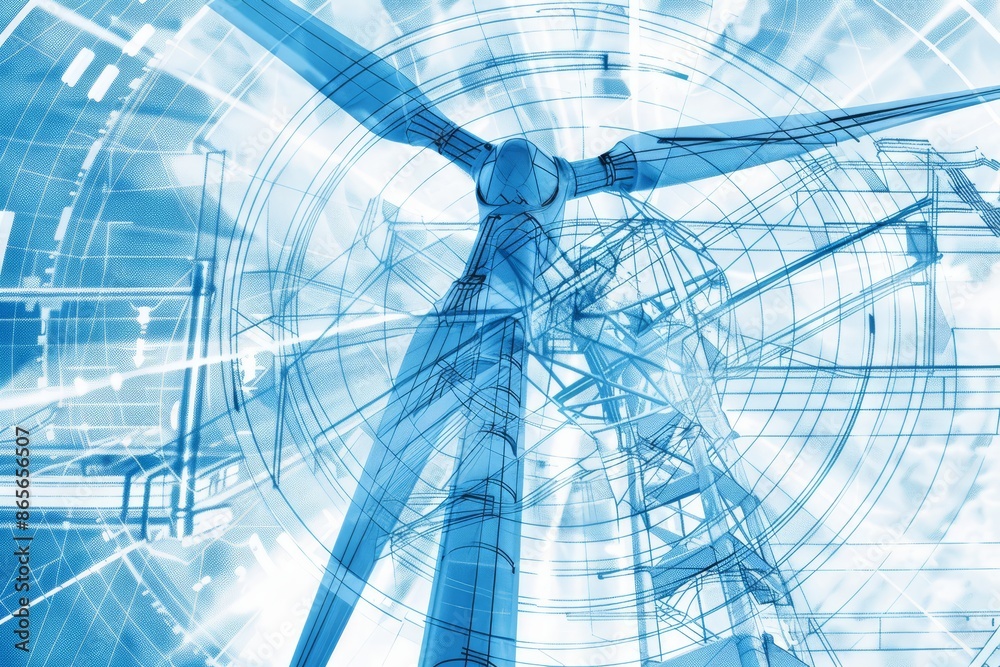 Poster blueprint design of wind turbines showcasing renewable energy technology and engineering innovation 