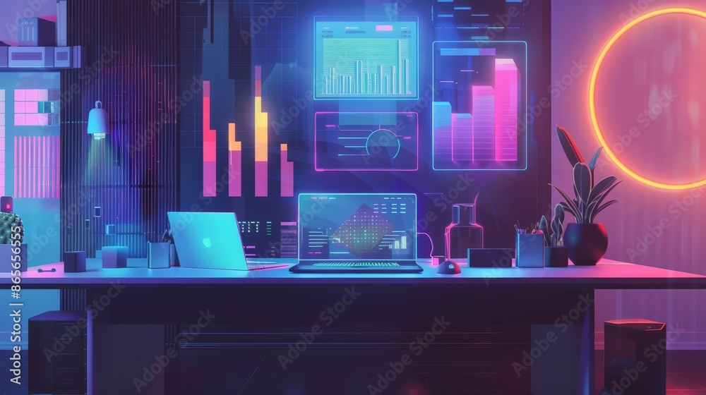 Poster futuristic office with digital financial dashboards panoramic city views. high-tech workspace with n