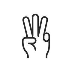 Hand showing number three, linear style icon. Editable stroke width