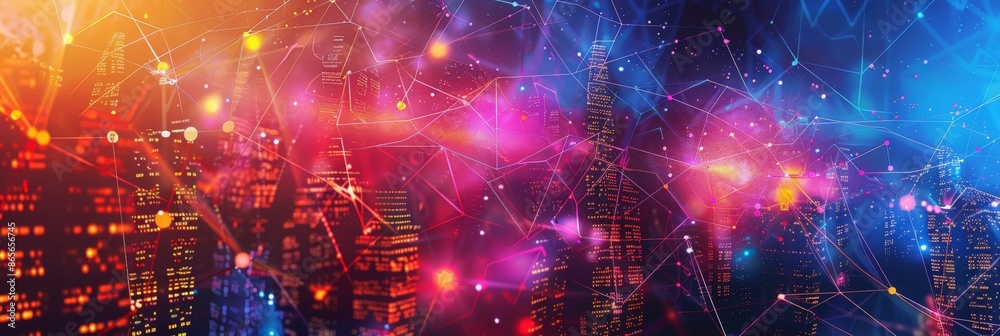 Poster Colorful digital cityscape with glowing lines nodes representing a global network. Vibrant urban background with futuristic technology elements