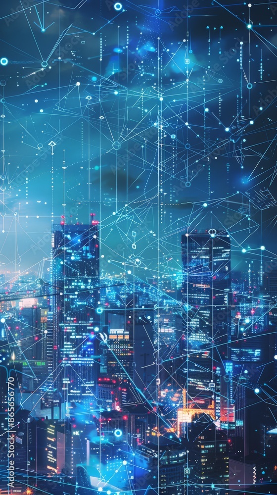 Poster High-tech city skyline with interconnected data lines digital networks. Futuristic urban landscape with advanced technology visuals