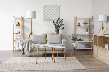 Interior of light living room with sofa, plaid, shelving unit and coffee table