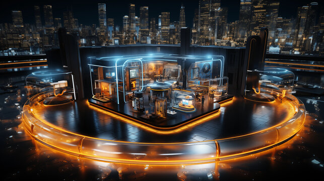 futuristic galss building with a background of a city skyline - neon modern light