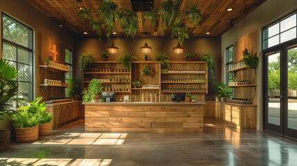 A view of the interior of an eco-friendly medical marijuana clinic, featuring a wooden counter, shelves, and a natural, earthy aesthetic.