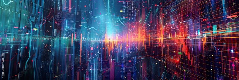 Poster dynamic city skyline with digital graphs and charts overlay. futuristic urban landscape representing