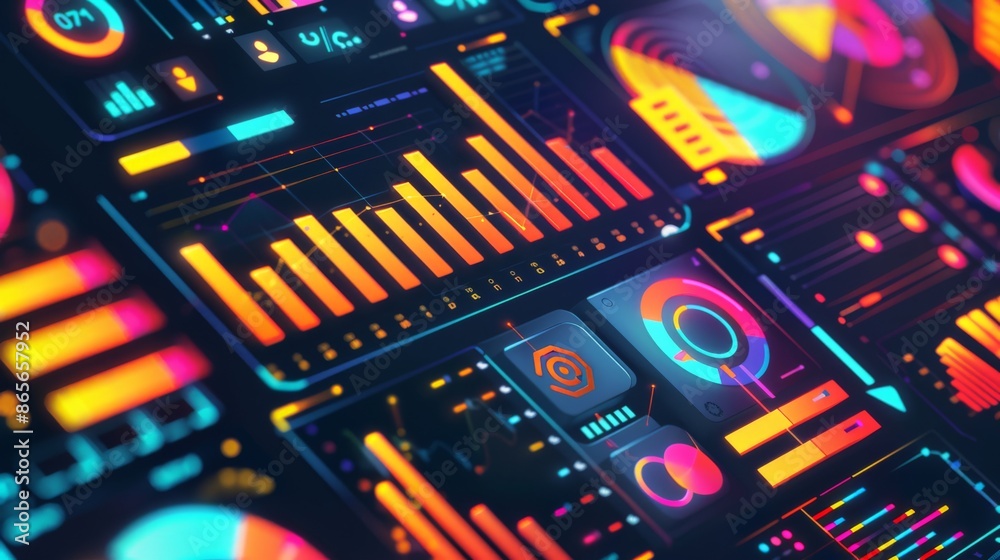 Poster close-up of digital dashboard with various analytical charts and metrics in vibrant colors. perfect 