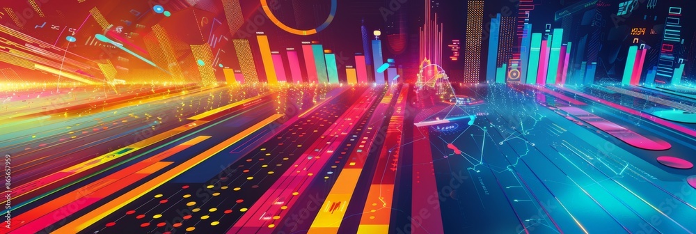 Poster Dynamic futuristic data visualization with vibrant charts and graphs in a neon color palette. Ideal for business analytics and financial reports