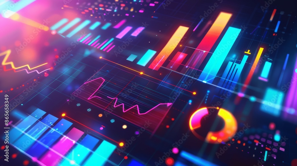 Poster Creative data visualization with abstract charts and graphs in bright neon colors. Suitable for business reports and financial analysis