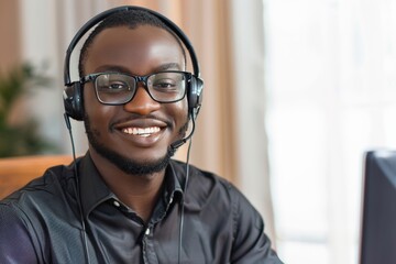 Efficient customer service representative with a proud smile adeptly managing phone calls
