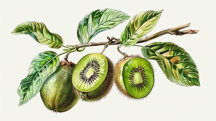 Vintage illustration of a branch with kiwi fruits. The image is isolated on a white background.
