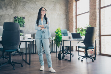 Photo of smiling thoughtful lady specialist wear jeans shirt arms folded indoors workplace...