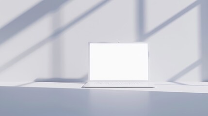 Laptop with an empty white screen on a pristine white table, isolated against a pure white background, ideal for studying or office scenes, lots of negative space