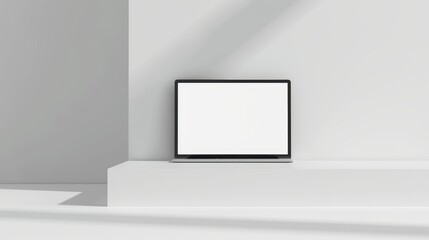 Minimalist setup with a laptop featuring a white blank screen on a white table, white background, perfect for office or studying concepts, spacious and clean