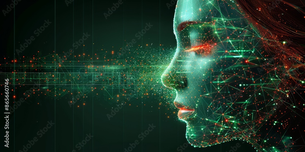 Poster abstract digital profile of a face with glowing network connections, symbolizing futuristic technolo