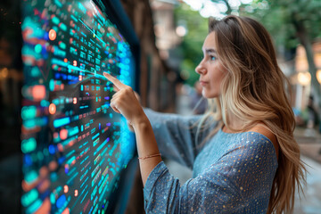 A woman is pointing at a computer screen with a lot of numbers on it