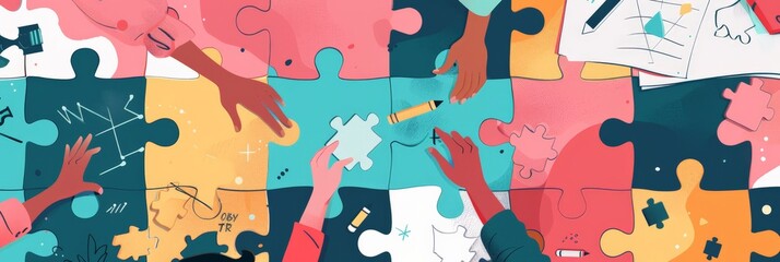 Diverse group of hands assembling a colorful puzzle on a large table. Inclusivity and collaboration concept. Ideal for presentations on diversity, teamwork, and problem-solving in business