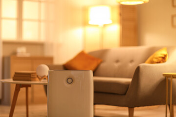 Stylish sofa and humidifier near coffee table in living room at evening