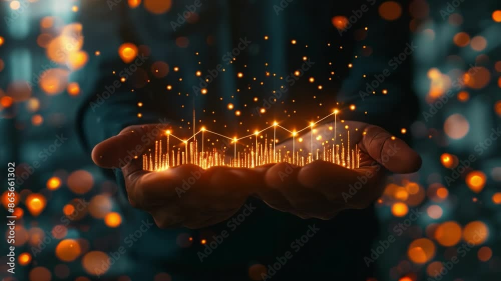 Poster The image shows a person holding their hands out in front of them with a digital chart of glowing lights rising up from their palms.