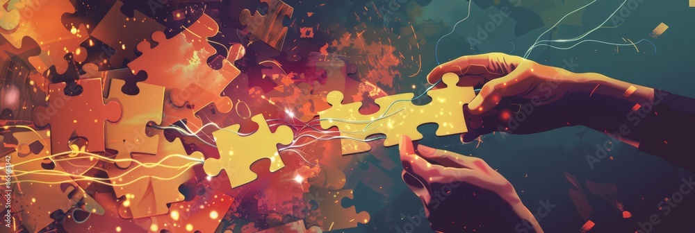 Poster Hands connecting glowing puzzle pieces with dynamic network lines. Collaboration and innovation concept. Great for technology and business presentations