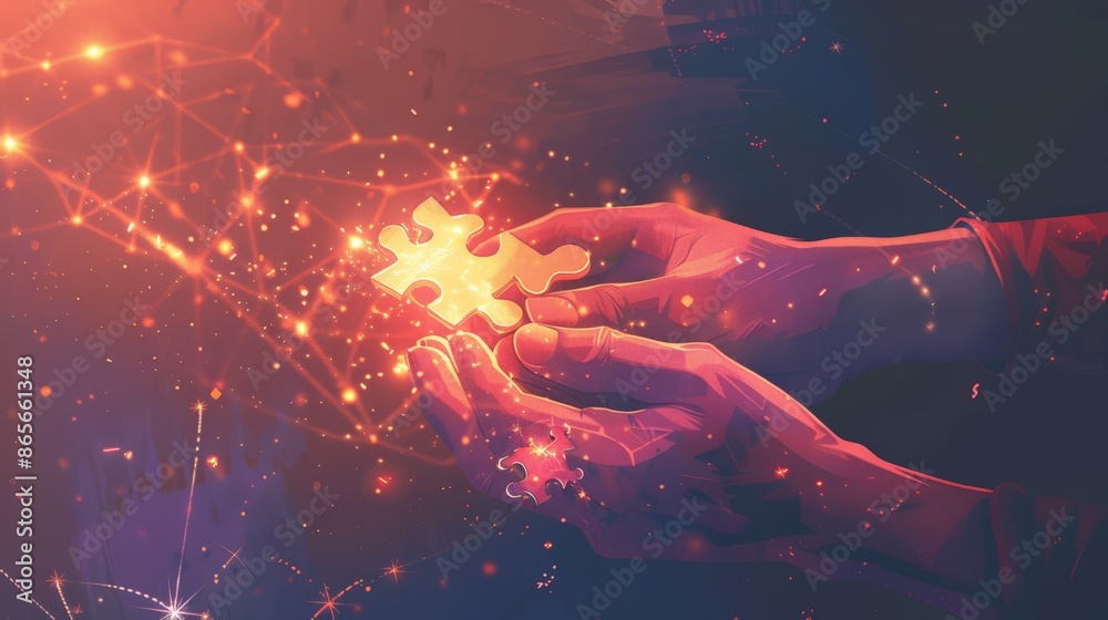 Poster Close-up of hands holding a glowing puzzle piece against a network background. Connection and problem-solving concept. Perfect for business and technology themes