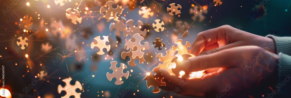 Poster Hands arranging glowing puzzle pieces with a burst of light and network connections. Creative problem-solving and technology concept. Ideal for innovative business themes