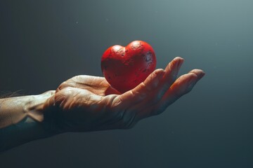 A person holds a bright red heart in their hand, symbolizing love and affection