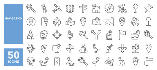 Set of 50 line icons related to navigation, location, map pin, gps, destination, Editable stroke. Vector illustration