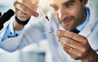 Scientist, man and blood test in lab on glass slide of research analysis, studying virus or dna...