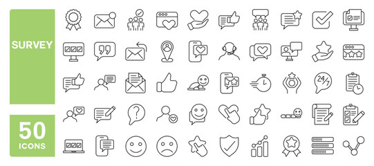 Set of 50 line icons related to survey, feedback, data collection, customer satisfaction, review, Editable stroke. Vector illustration
