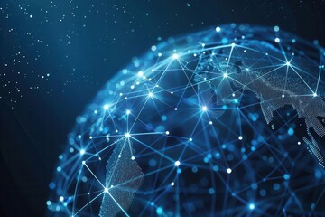abstract digital network interconnected nodes forming a globe data streams geometric patterns deep space background blue and white color scheme futuristic aesthetic