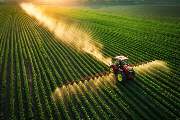 Aerial view of farming tractor plowing and spraying in 2024