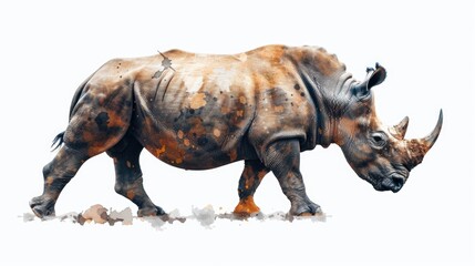 Fototapeta premium A single rhinoceros standing on a dirt field, offering a unique and fascinating visual