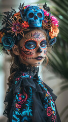 Fototapeta premium A girl with colorful Day of the Dead makeup and a floral headpiece, dressed in a detailed outfit, posing indoors
